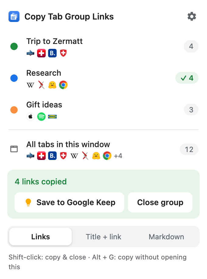 The extension popup: three tab groups, 4 links copied, buttons to save to Google Keep or close the group